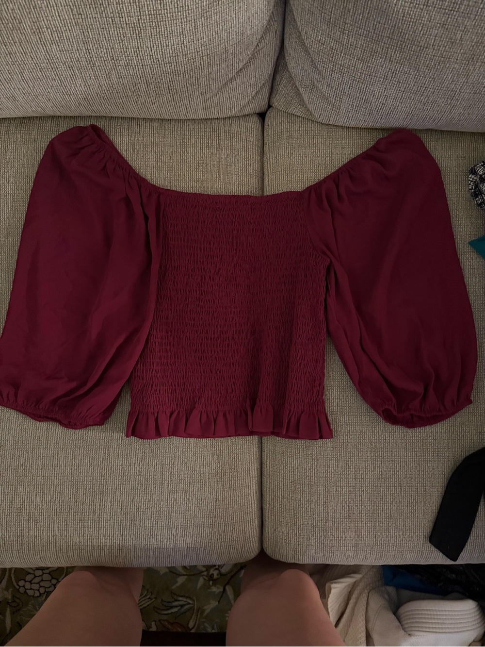 Wine Off-Shoulder Smocked Puff Sleeve Crop Top